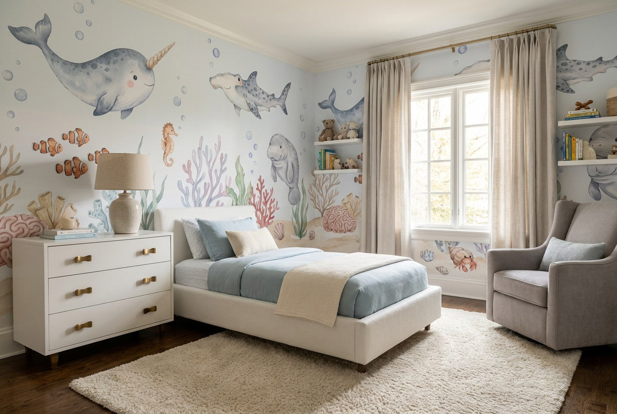 Blue Narwhal Reef Wallpaper Mural view 6