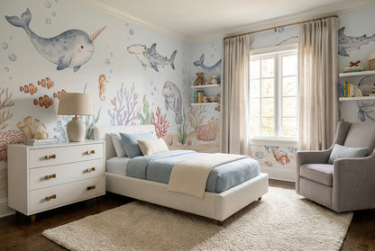 Blue Narwhal Reef Wallpaper Mural view 6