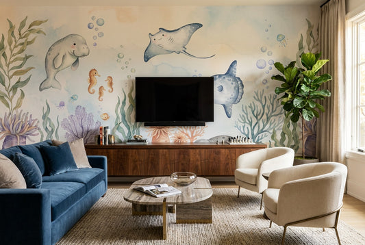 Blue Ocean Animals Wallpaper Mural room scene