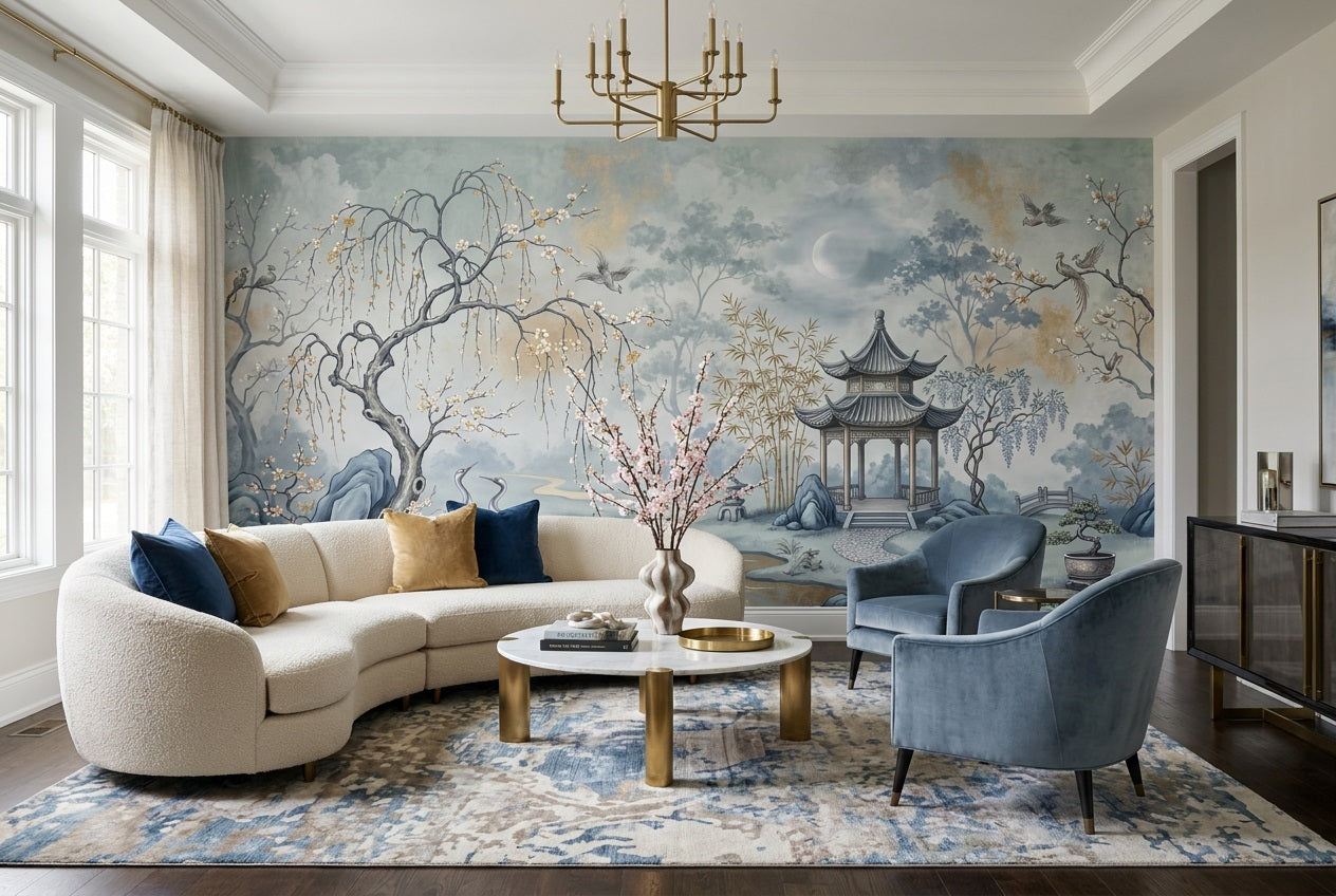 Blue Pavilion Moon Chinoiserie Wallpaper Mural - 6