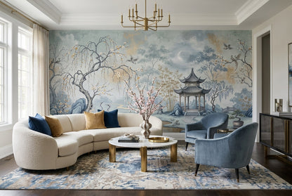 Blue Pavilion Moon Chinoiserie Wallpaper Mural - 6