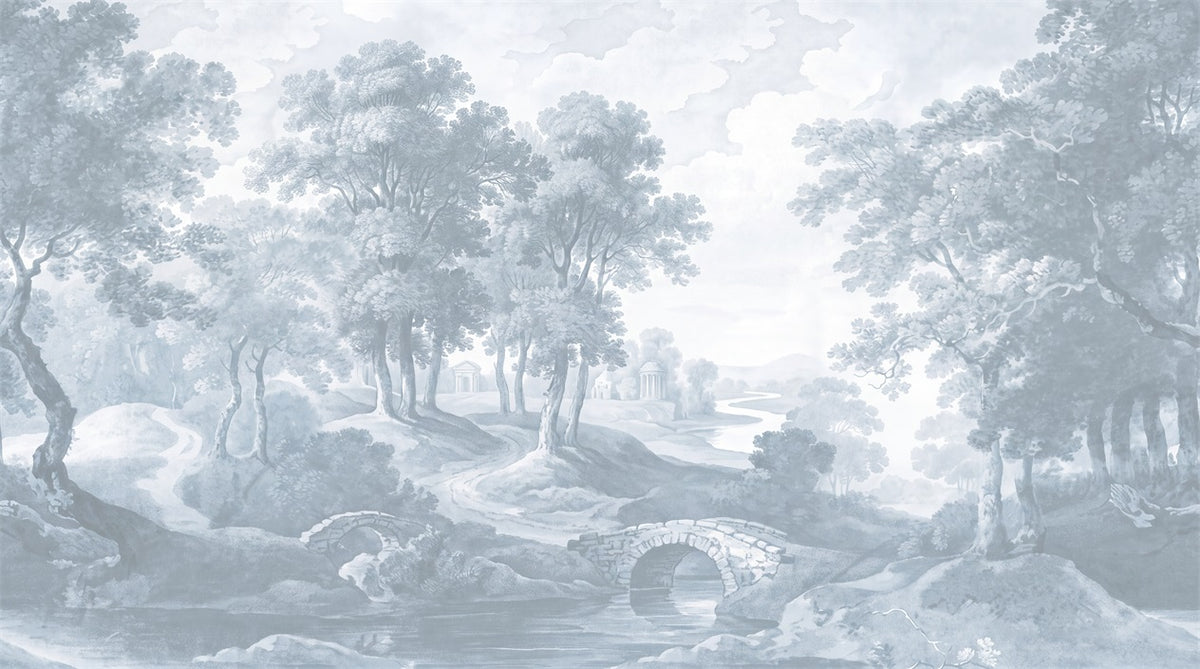 Blue Toile Woodland Landscape Wallpaper Mural - 2