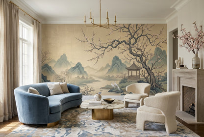 Gold Mountain Lake Chinoiserie Wallpaper Mural - 6