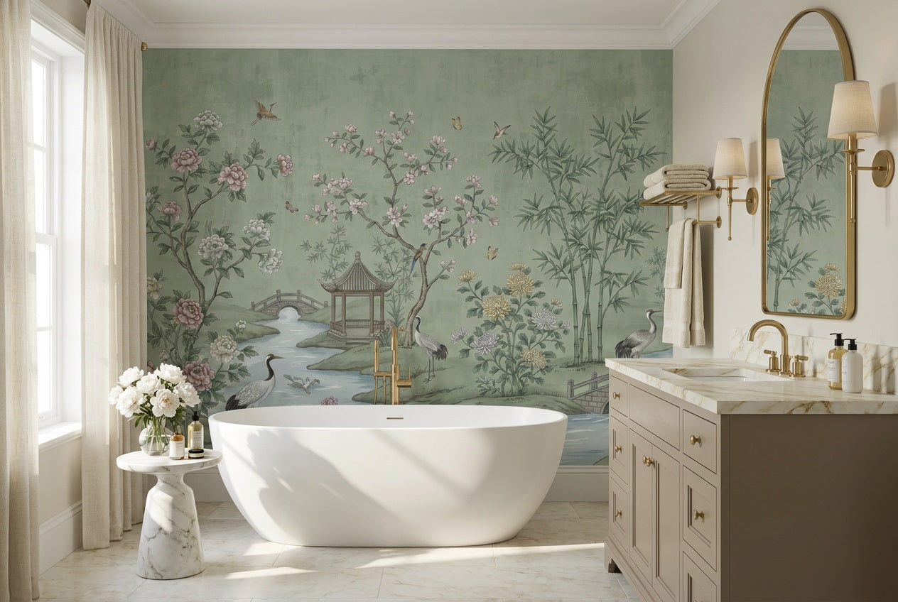 Sage Pavilion and Crane Chinoiserie Wallpaper Mural - 3