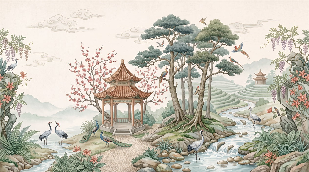 Green Pines and Stream Chinoiserie Wallpaper Mural - 2