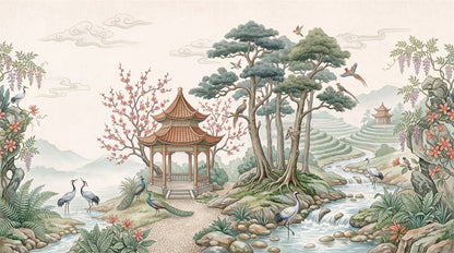 Green Pines and Stream Chinoiserie Wallpaper Mural - 2