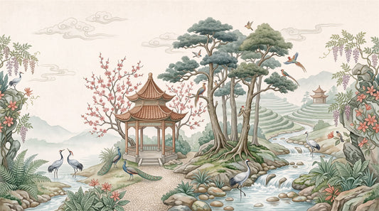 Green Pines and Stream Chinoiserie Wallpaper Mural - 2