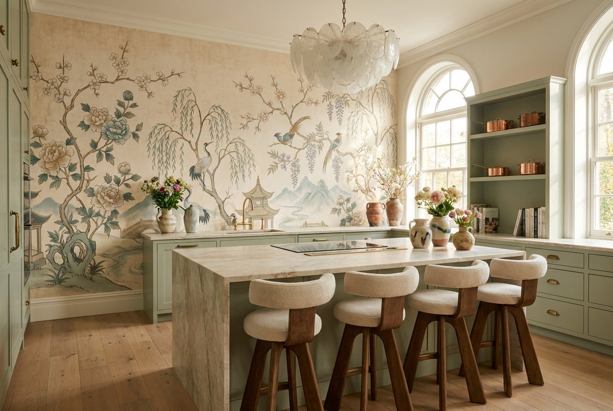 Ivory Crane and Blossom Chinoiserie Wallpaper Mural - 5