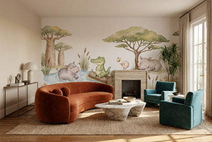 Ivory Hippo Wallpaper Mural room scene