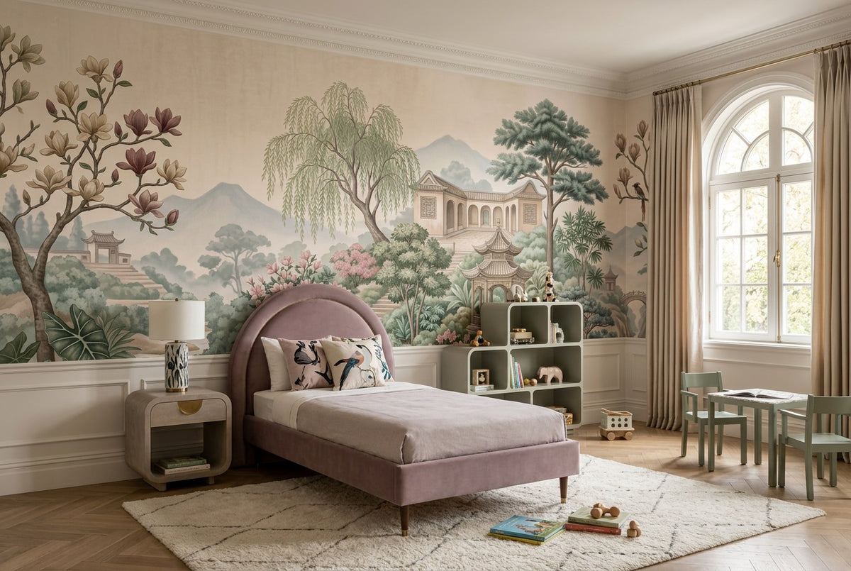 Pastel Chinese Garden Chinoiserie Wallpaper Mural - 5