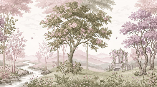 Pink Woodland River Landscape Wallpaper Mural - 2