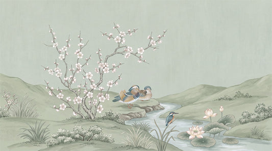 Sage Lotus Birds Chinoiserie Wallpaper Mural - 2