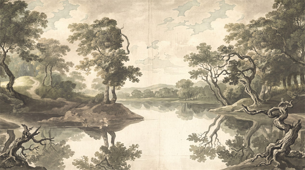 Taupe Lakeside Trees Landscape Wallpaper Mural - 2