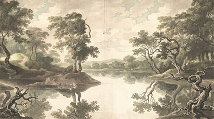 Taupe Lakeside Trees Landscape Wallpaper Mural - 2