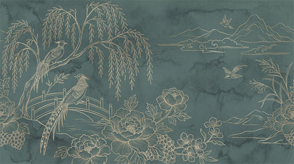 Teal Willow Garden Chinoiserie Wallpaper Mural - 2