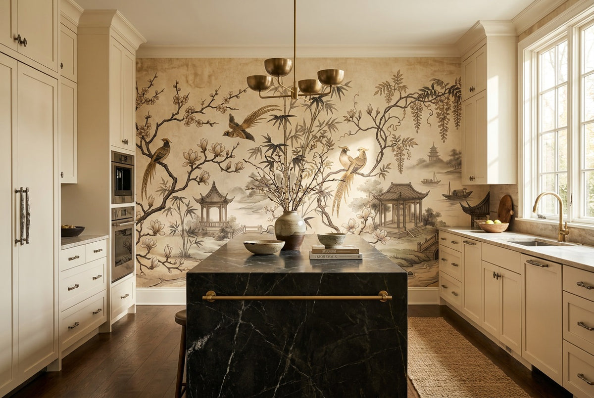 Sepia Pavilion and Bird Chinoiserie Wallpaper Mural - 4
