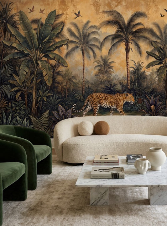 Lush Sepia Dark Jungle Wallpaper Mural in a living room