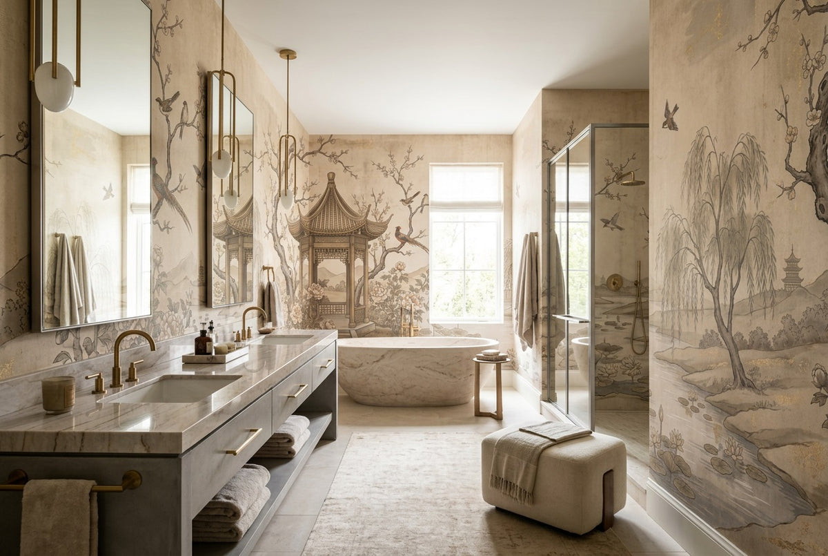 Sepia Waterside Pavilion Chinoiserie Wallpaper Mural - 3