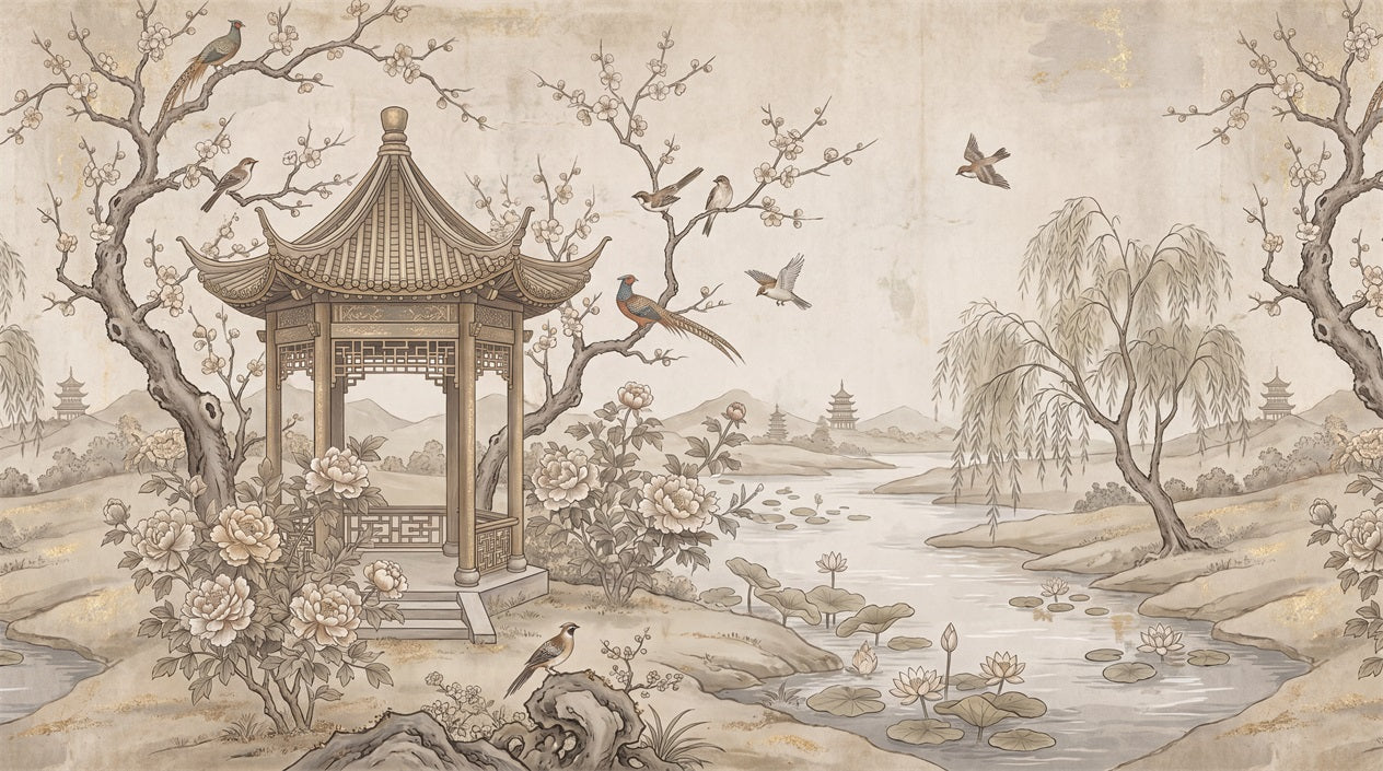 Sepia Waterside Pavilion Chinoiserie Wallpaper Mural - 2