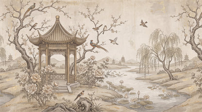 Sepia Waterside Pavilion Chinoiserie Wallpaper Mural - 2