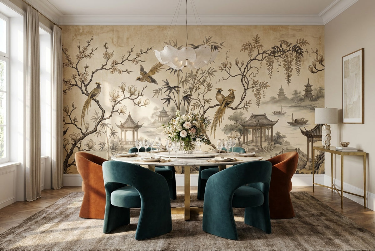 Sepia Pavilion and Bird Chinoiserie Wallpaper Mural - 1