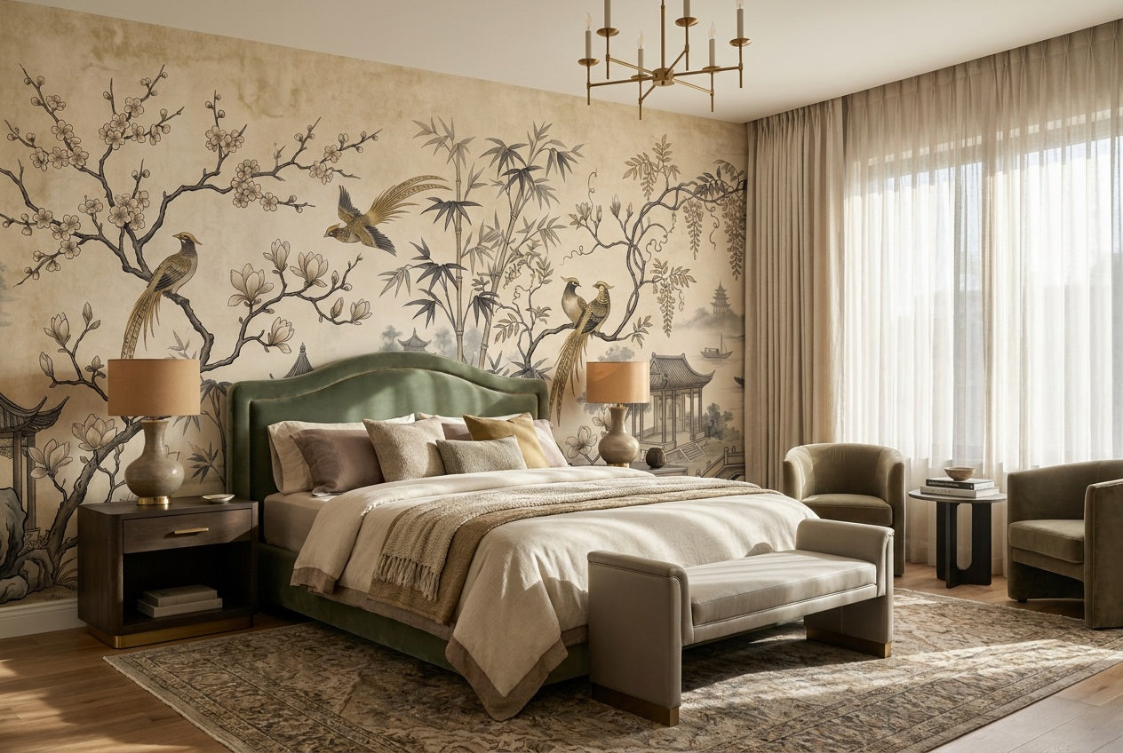 Sepia Pavilion and Bird Chinoiserie Wallpaper Mural - 3