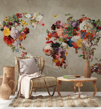 Floral World Map Wall Mural Wallpaper in living room