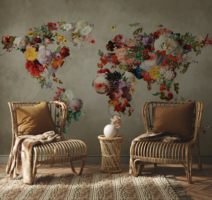 Floral World Map Wall Mural Wallpaper in living room
