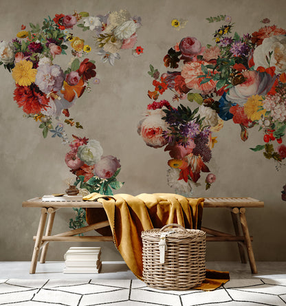 Floral World Map Wall Mural Wallpaper in living room