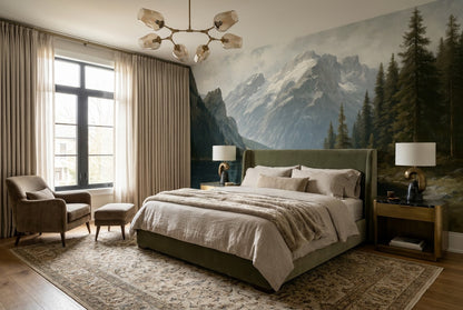 Alpine Mountain Lake Forest Wallpaper Mural room scene