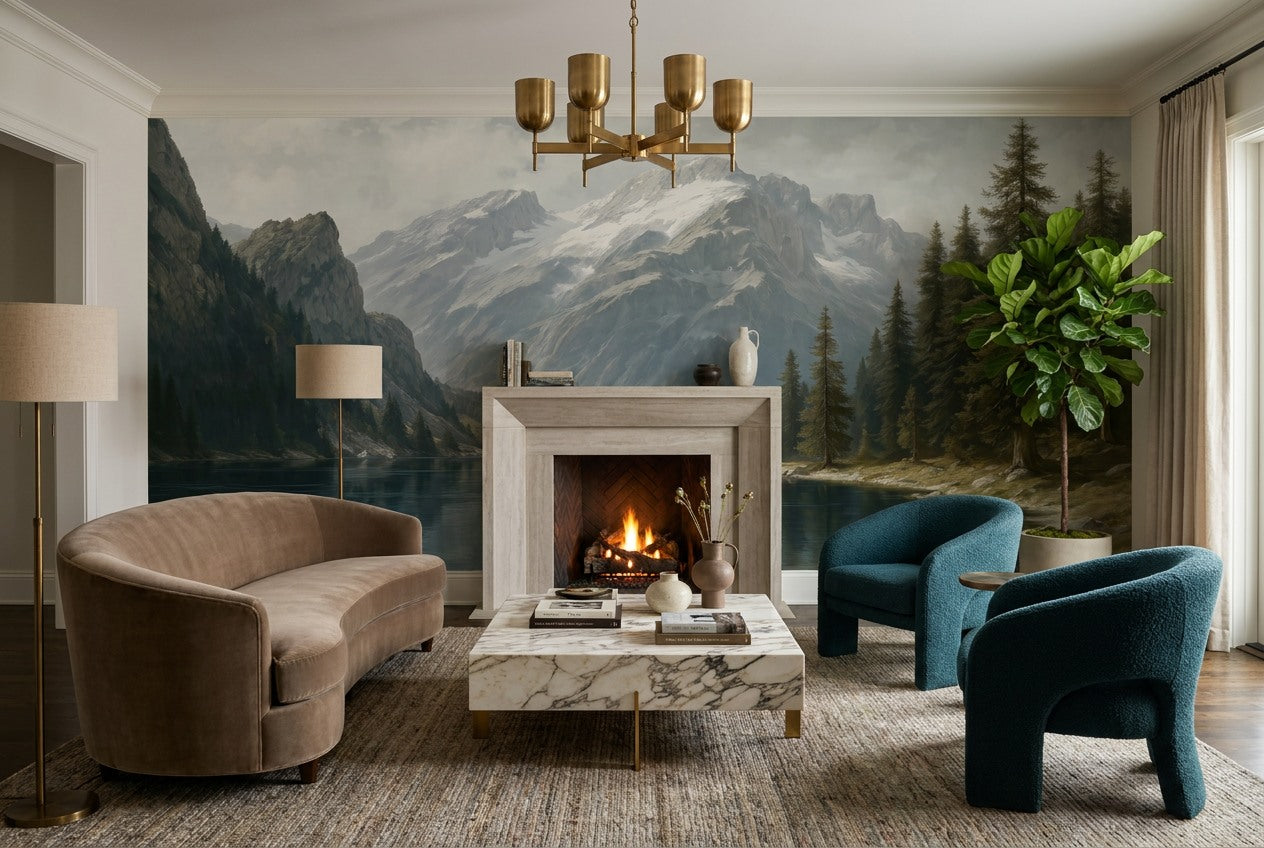 Alpine Mountain Lake Forest Wallpaper Mural room scene