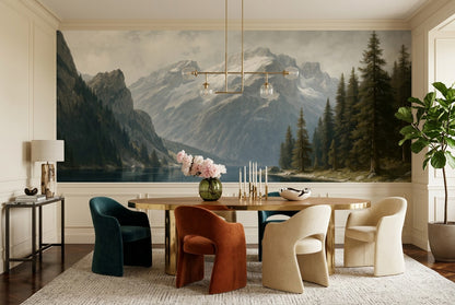 Alpine Mountain Lake Forest Wallpaper Mural dining room scene