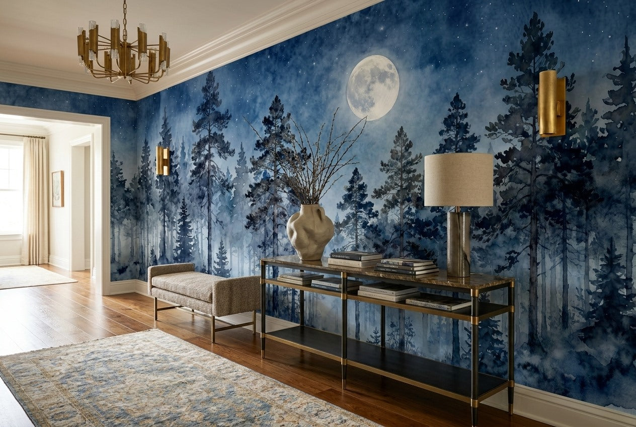 Blue Watercolor Moonlit Pine Forest Wallpaper Mural interior scene