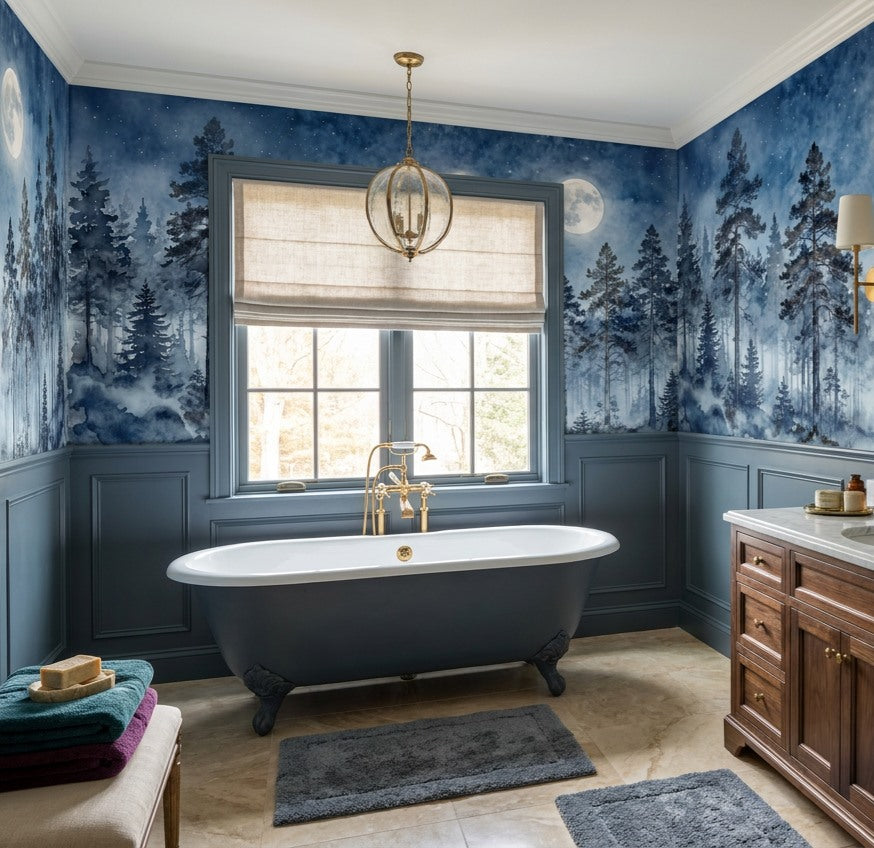 Blue Watercolor Moonlit Pine Forest Wallpaper Mural room scene