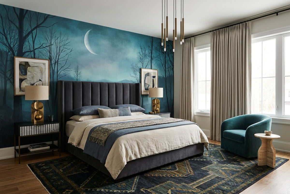 Misty Blue Crescent Moon Forest Wallpaper Mural interior scene