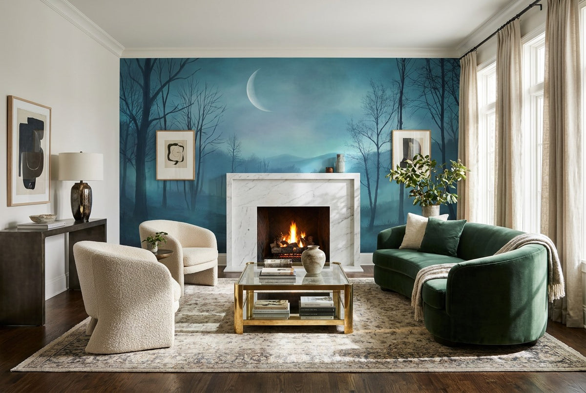 Misty Blue Crescent Moon Forest Wallpaper Mural interior scene