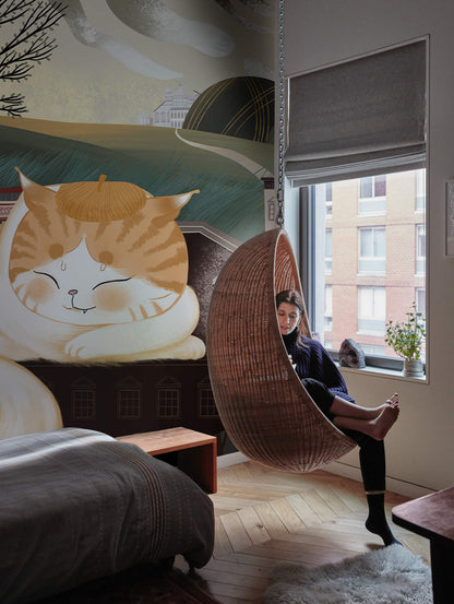Wallpaper Mural of a Sleeping Cat for a Bedroom