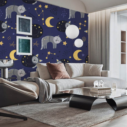 a blue wall mural with a cartoon cat