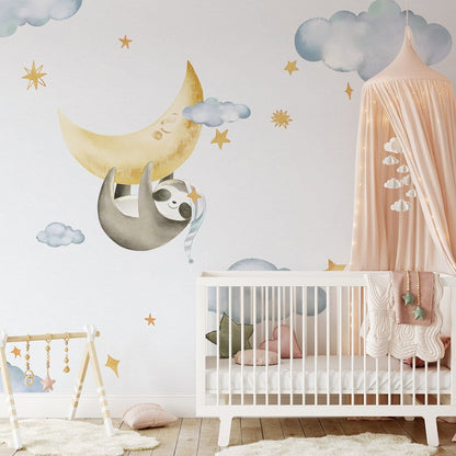 Sloth on moon cartoon Wallpaper Mural for nursery Room