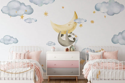 Sloth on moon cartoon Wallpaper Mural for wall decor