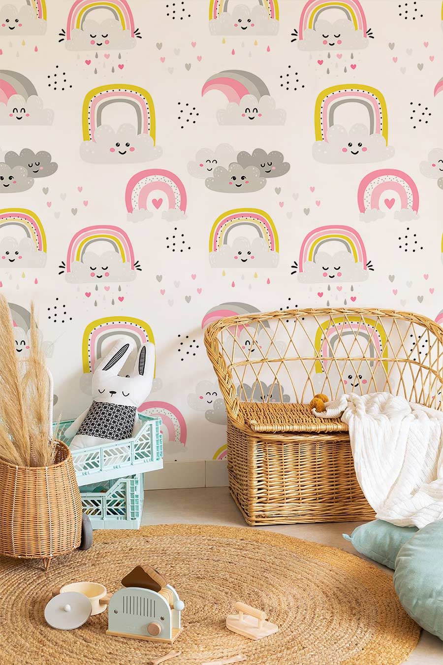 Whimsical Smiling Rainbows Kids Mural Wallpaper