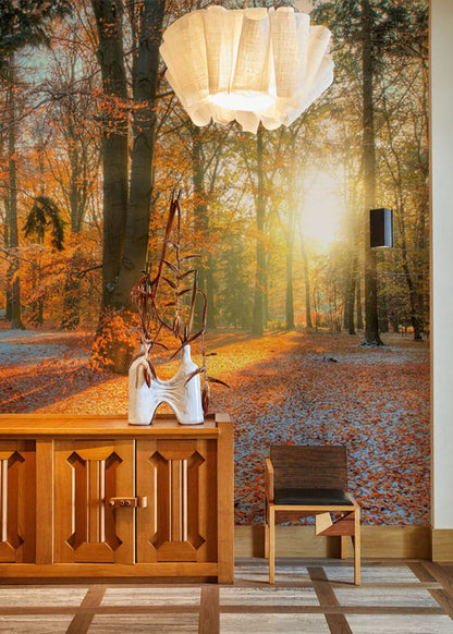 Hallway Wall Mural Wallpaper, Snowy Red Forest Scene.