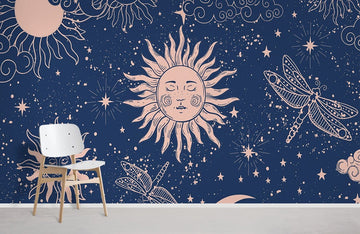 Celestial Sun Moon Stars Mural Wallpaper