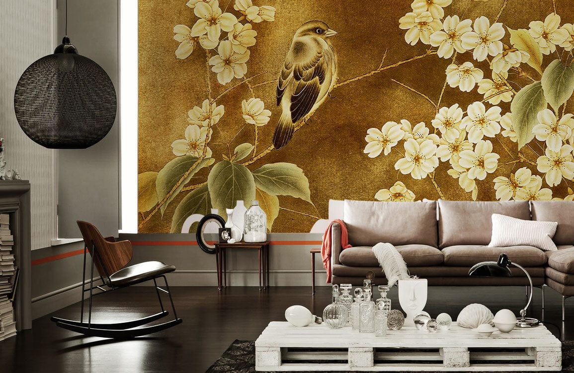 Vintage Bird Floral Gold Wallpaper Mural