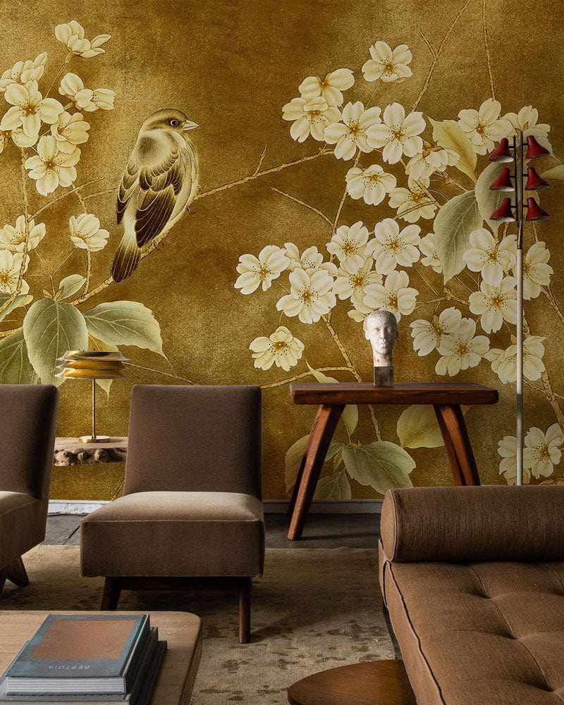 Vintage Bird Floral Gold Wallpaper Mural