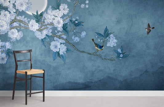 Tranquil Blue Floral Bird Mural Wallpaper