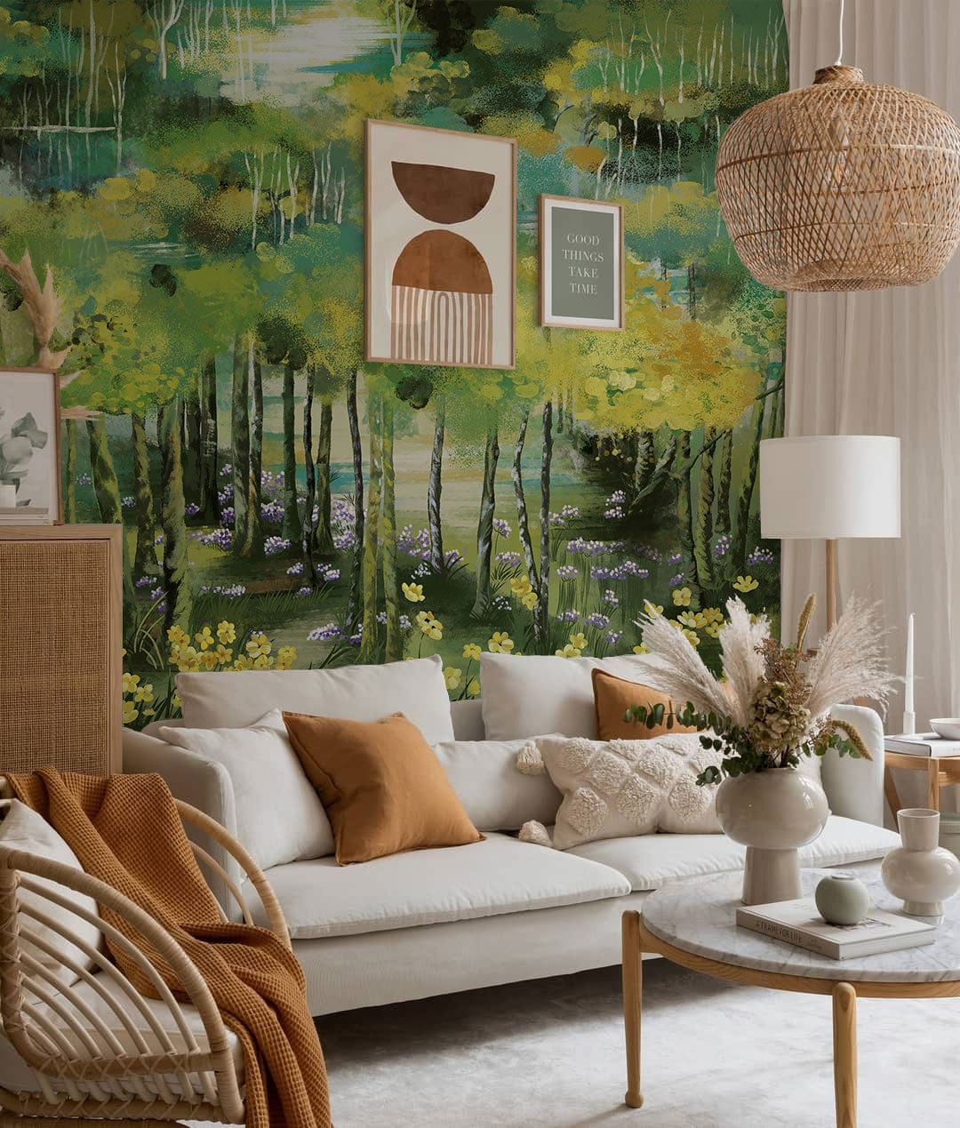 Emerald Green Forest Illustrated Mural Wallpaper