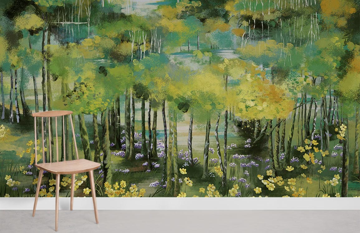 Emerald Green Forest Illustrated Mural Wallpaper