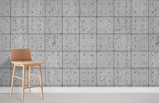 a room with a gray dot and square wallpaper design