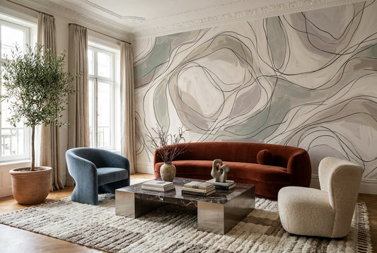 Beige Line Art Wallpaper Mural room scene